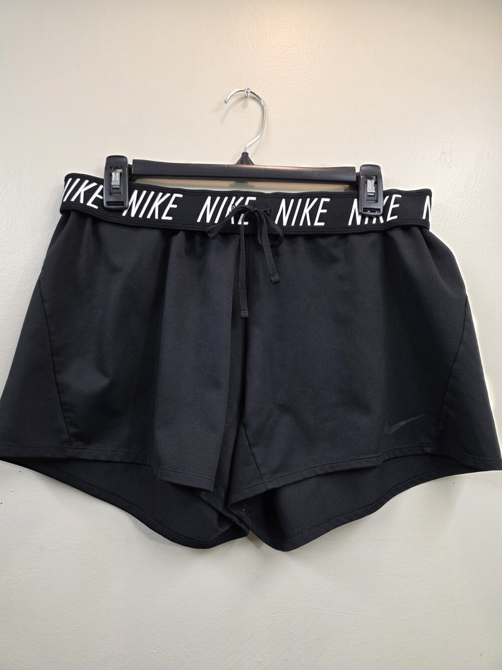 Women's Nike Dri Fit Black Shorts, White Nike Wording On Fold Over Waist Band